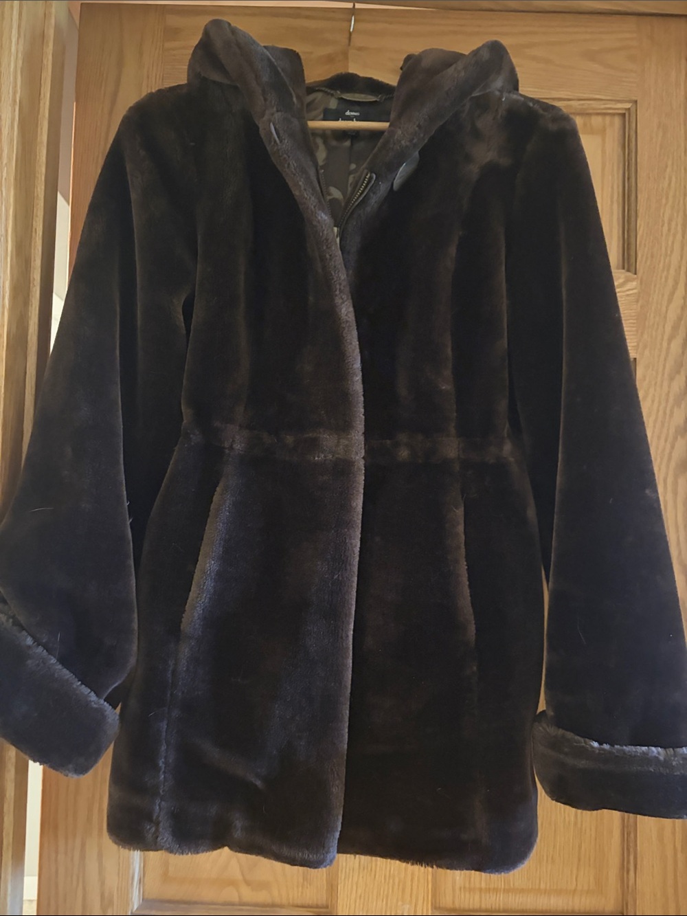 Dennis Basso Plush Hooded Coat in Dark Brown